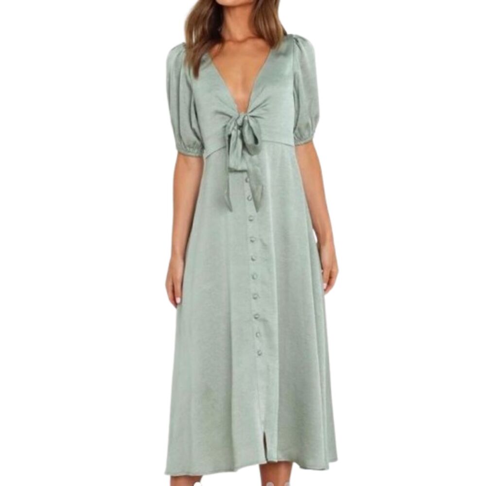 Petal & Pup NWT Piper Sage Light Green Satin Midi Tie Front Dress Size 6